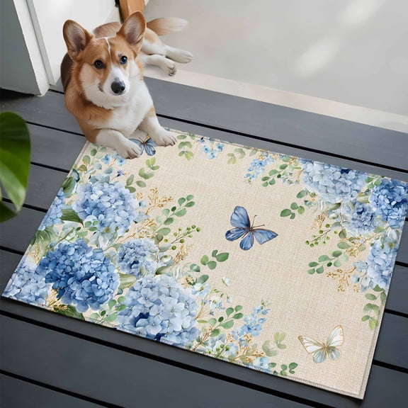 Blue Floral Washable Entry Rug 2x3 Summer Country Hydrangea Floral Butterfly Linen Texture Low Pile Indoor Door Mat with Rubber Backing Thin Area Rug for for Entrance, Bedroom, Kitchen, Bathroom