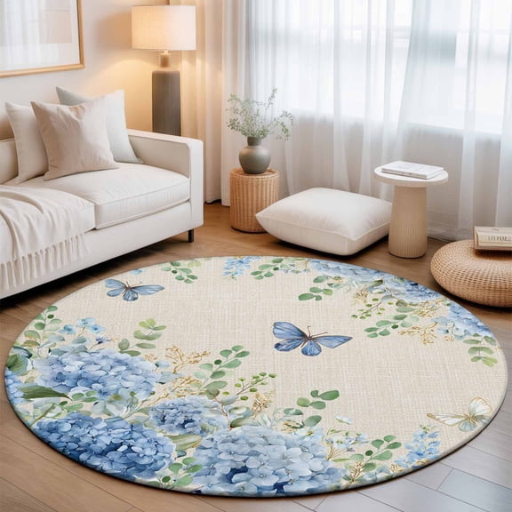 Blue Floral Washable Round Area Rug 7 ft, Summer Country Hydrangea Floral Butterfly Linen Texture, Soft Non Slip Rugs Stain Repellent Indoor Felt Carpet for Living Dining Room Bedroom Home Office