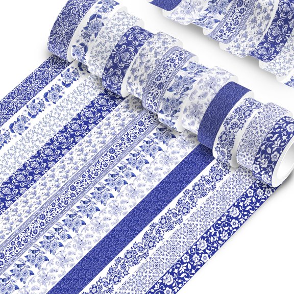Blue Floral Washi Tape 12 Roll Set Chinoiserie Design Paper Craft Supplies 196.8ft Total Length