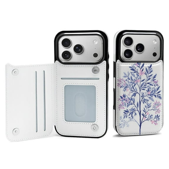 Blue Floral Watercolor Painting Leather Wallet Case for iPhone13 Wallet Case Card Holder Flip