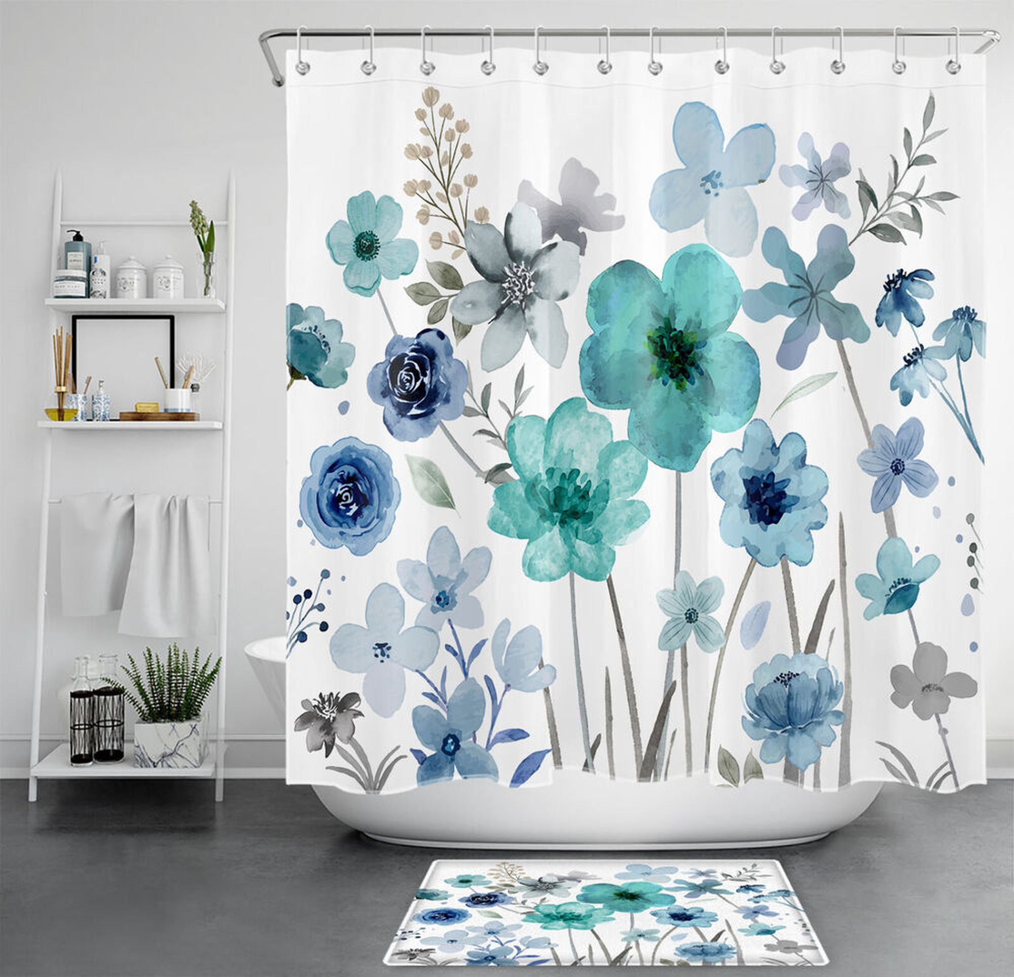 Blue Floral Watercolor Shower Curtain Set for Modern Bathroom Decor ...
