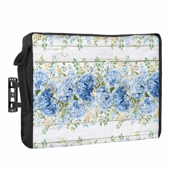 Blue Floral Waterproof Outdoor TV Cover, Summer Country Blue Hydrangea Floral Wood Grain Outside Weatherproof TV Enclosures for 80 to 85 Inch LCD Television Shield Flat Screen Protectors
