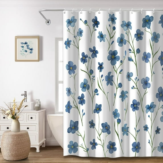 Blue Floral Waterproof Shower Curtain, Navy Spring Flower Watercolor Modern Printed Bathroom Curtains with Hooks 72"W x 72"L (Pack of 1)