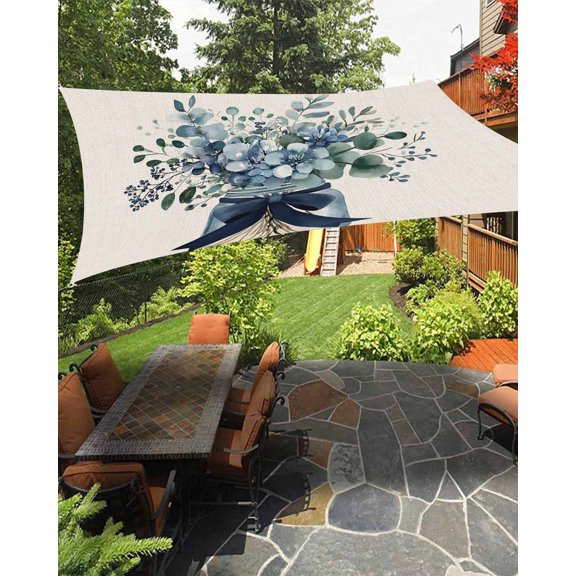 Blue Floral Waterproof Sun Shade Sail Pastoral Eucalyptus Leaf Bow Vase Outdoor Patio Sun Shades Canopy UV Block Waterproof Sunshade for Garden Backyard Deck Pergola 6.5x10 Ft
