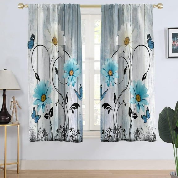 Blue Floral Window Curtain Rustic Flowers White Daisy Butterfly Wood Nature Farmhouse Country Retro Living Room Bedroom Window Drapes Treatment Fabric 1 Pair Home Decor, 42" W x 63" L, Pretty