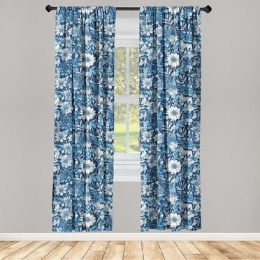 Blue Floral Window Curtains, Vintage Ethnic Themed Pattern of Meadow Daisy Blossoms and Leaves, Lightweight Decor 2-Panel Set with Rod Pocket, Pair of - 28"x63", Dark Sky Blue and White, by Ambesonne