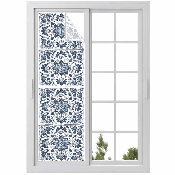Blue Floral Window Privacy Film, Ethnic Boho Botanical Geometric Art Static Cling UV Sun Blocking Heat Control Window Tint Day and Night, Non-Adhesive One Way Windows Privacy Cover 17.7''x78.7''