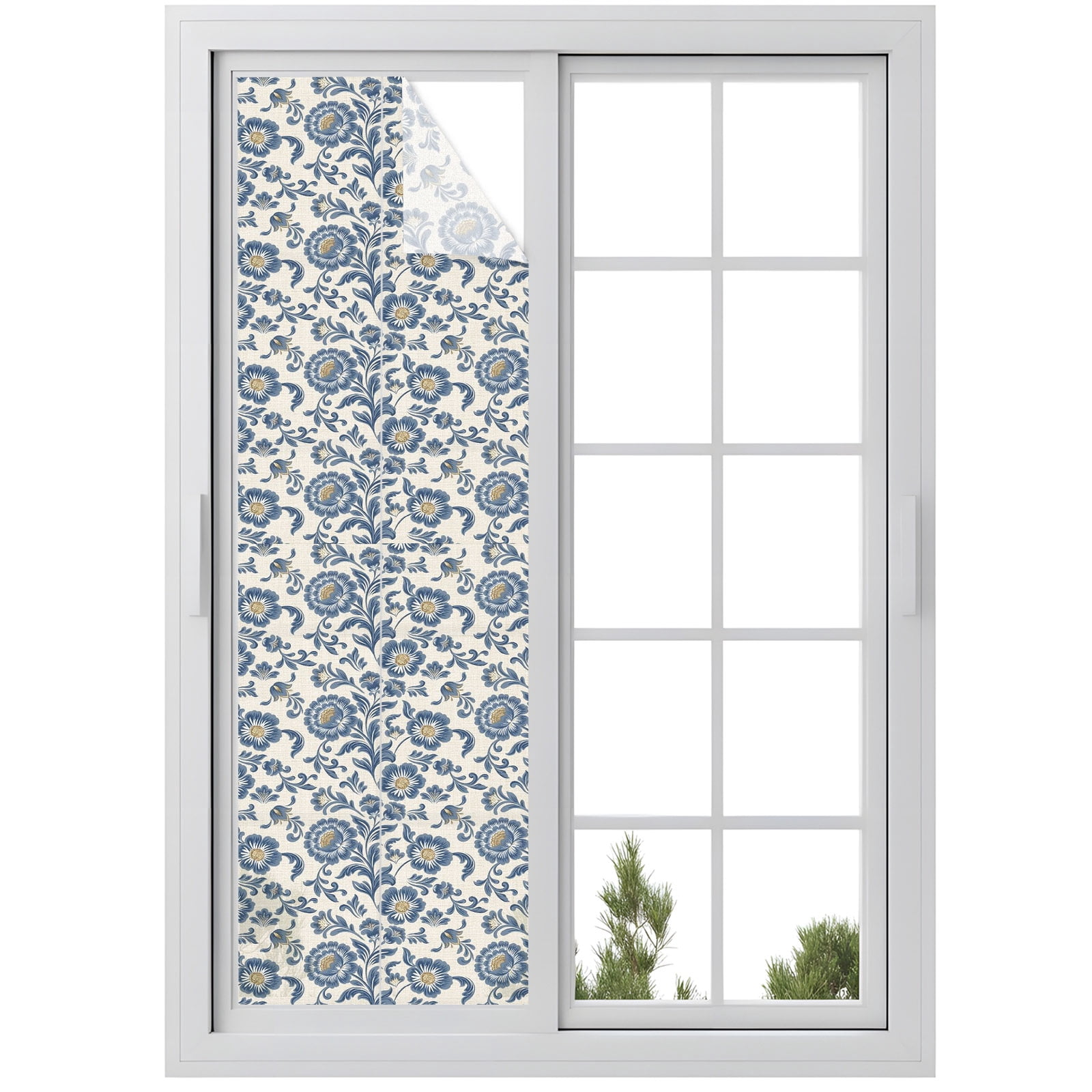 Blue Floral Window Privacy Film, Oriental Traditional Ethnic Flower ...