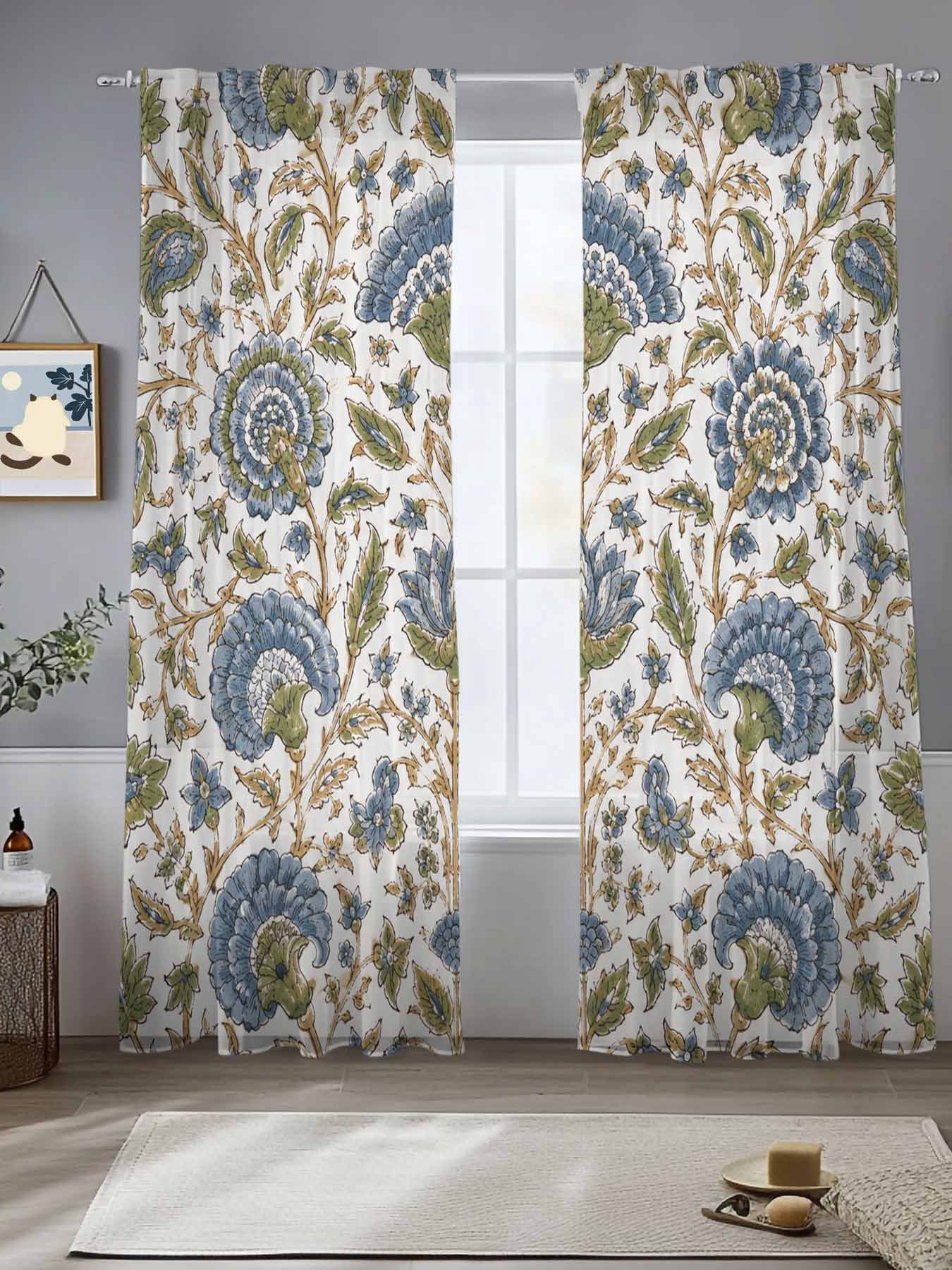 Blue Floral Window Sheer Curtain Bohemian Country Rustic Farmhouse ...
