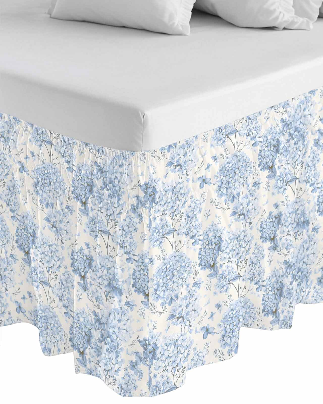 Blue Floral Wrap Around Bed Skirts for King Bed 18" Drop,Bed Skirt with Adjustable Elastic Belt Dust Ruffle Bed Valance for Bedroom Hotel Garden Petals Flower Botanical Tree Branch Bed Frame Cover