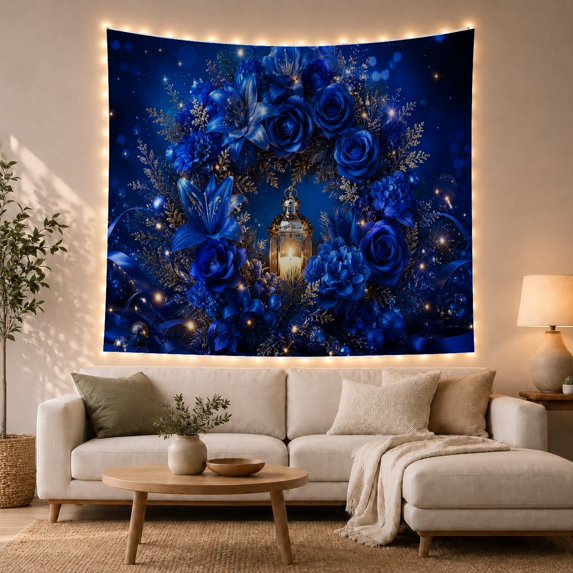 Blue Floral Wreath Around Glowing Lantern, Cozy Rustic Style for Flower Lovers, Botanical Wall Art, Housewarming Gift, Tapestry Wall Hanging for Bedroom and Entryway