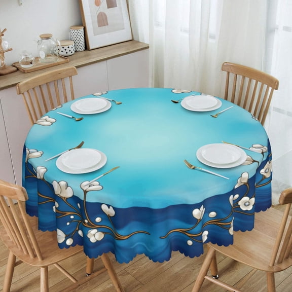 Blue Floral Wreath Pattern Round Tablecloth Waterproof Oil-Proof Plastic Table Cloth Stain-Resistant Wipeable 60" for Camping, Dining, Indoor and Outdoor