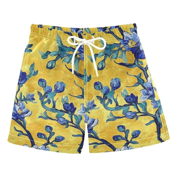 Blue Floral Yellow Background Boys Swim Trunks Quick Dry Boy Swim Shorts for 3-14 Years