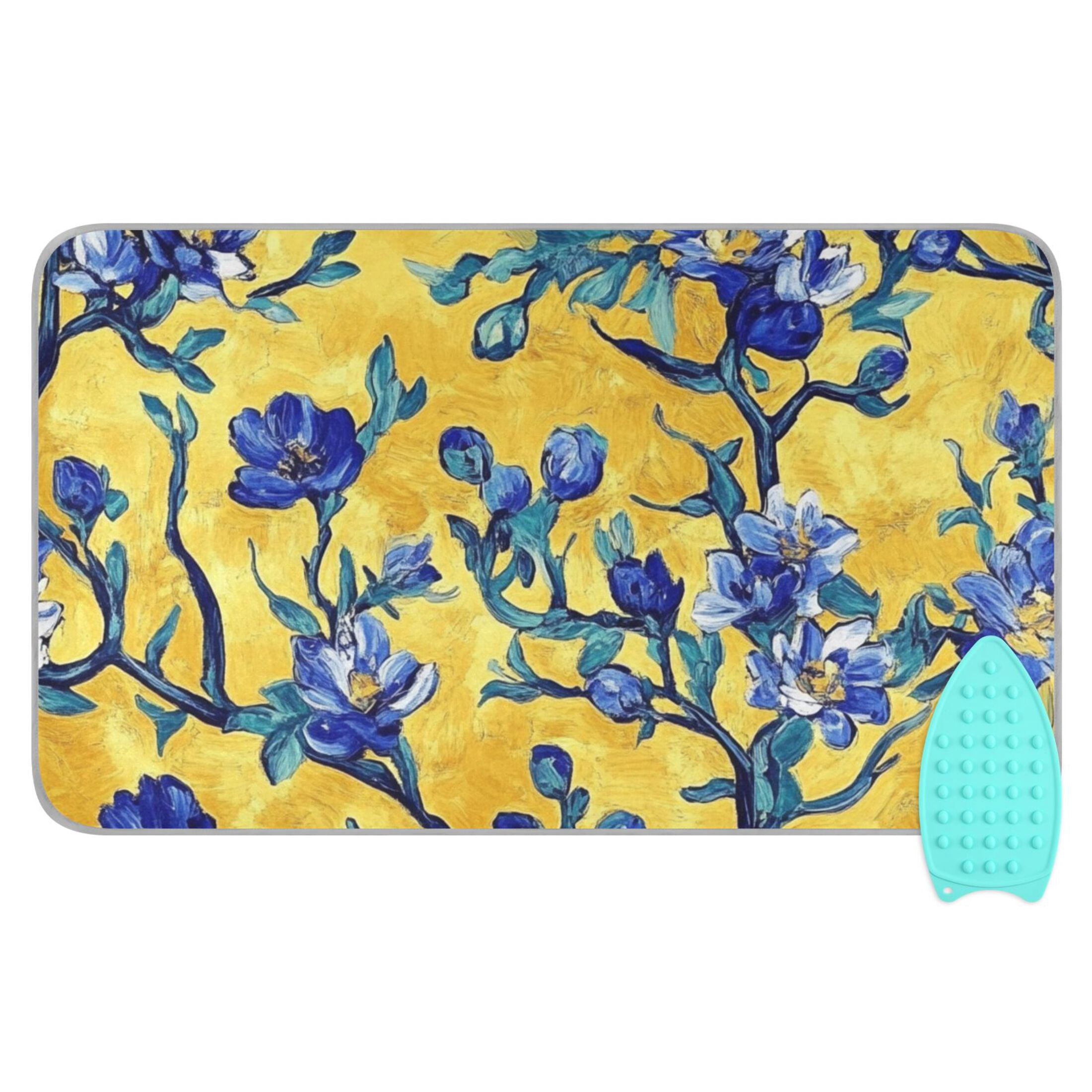 Blue Floral Yellow Background Ironing Mat Blanket for Table Top Travel Portable Ironing Board Pad 47.2x27.6 Inch