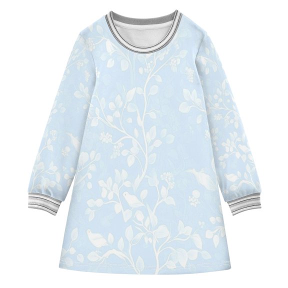 Blue Floral and Birds Pattern Girls'long-sleeved dress Thickened A-dress Warm Dress Basic Shirt Party Dresses