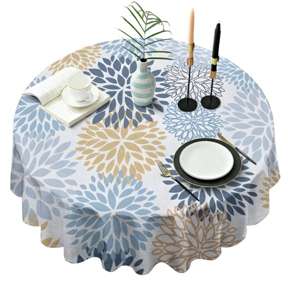 Blue Floral and Petal Pattern Round Tablecloth 60"x60",Wrinkle Wipeable Table Cloth for Kitchen Dining Room Picnic Patio Party