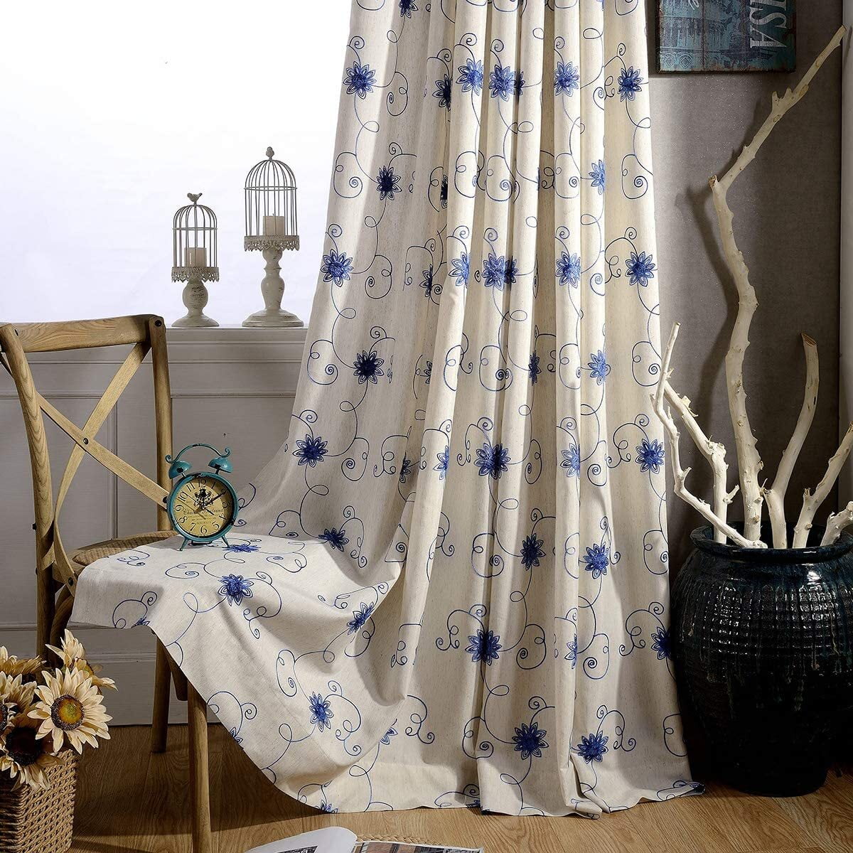 VOGOL Blue Floral and Vines Embroidery Linen Curtain Window for Bedroom Living Room, Light Filtering, Top Grommet, 2 Pieces, W52"xL84"