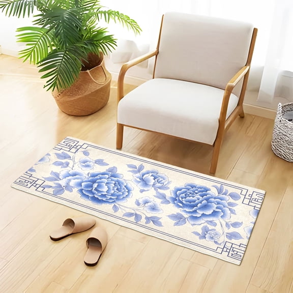 Blue Florals Decorative Frame Plush Carpet Non Slip Runner Rug Absorbent Bath Mat 39" x 20"