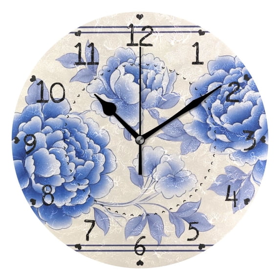Blue Florals Decorative Frame Round Wall Clock Silent Analog Battery Operated Black Pointer Home Decor 9.84" Diameter