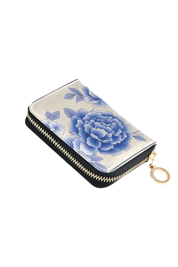 Blue Florals Decorative Frame Women's Credit Card Holder PU Leather Zipper Wallet RFID Blocking