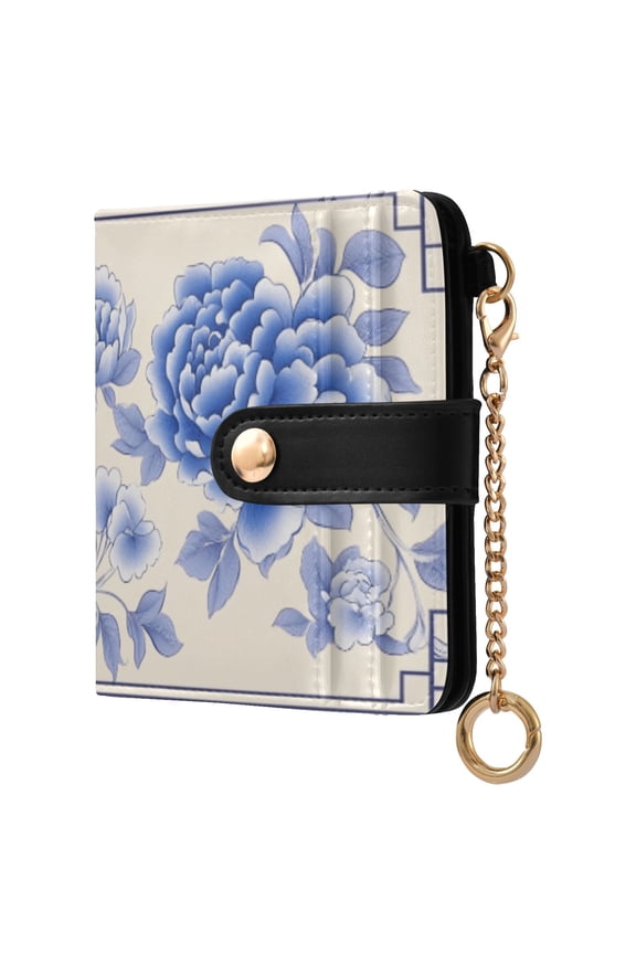 Blue Florals Decorative Frame Women's Wallet PU Leather Card Cases RFID Blocking Purse Billfold with Key Ring