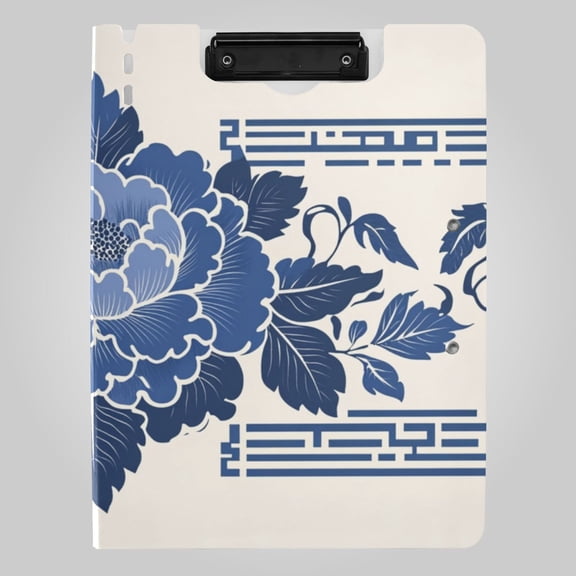 Blue Florals Leaves Elegant Frame Foldable Binder Folder Clipboard with Pen Slot Double Clips A4 Size File Storage