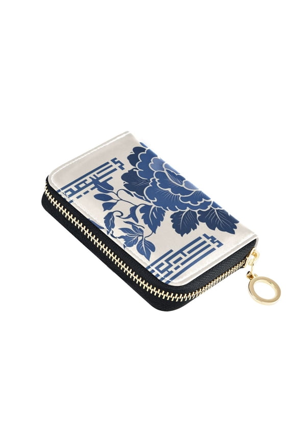 Blue Florals Leaves Elegant Frame Women's Credit Card Holder PU Leather Zipper Wallet RFID Blocking