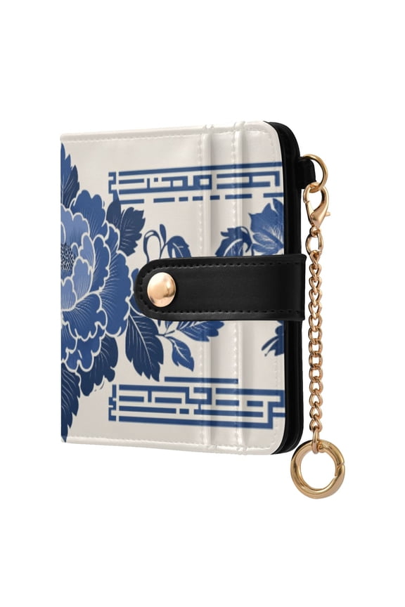 Blue Florals Leaves Elegant Frame Women's Wallet PU Leather Card Cases RFID Blocking Purse Billfold with Key Ring