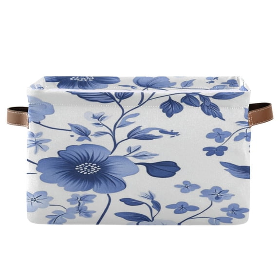 Blue Florals Leaves Pastel Style Square Storage Bins with Handles Collapsible Containing Box 1 Pack
