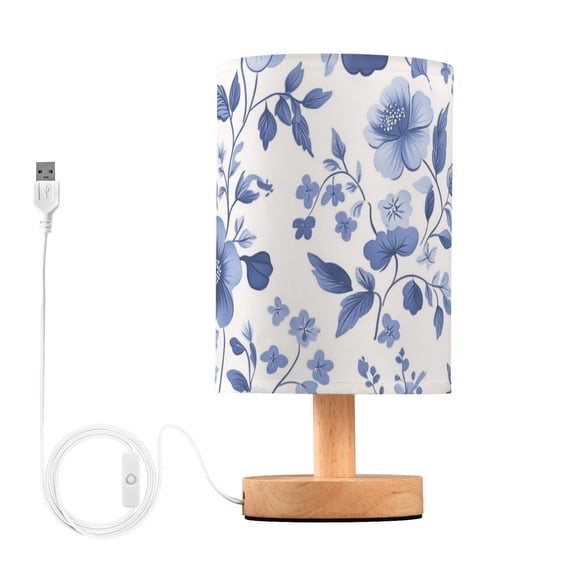 Blue Florals Leaves Pastel Style Table Lamp with USB Port LED Warm Light Lamp Night Light Home Decor