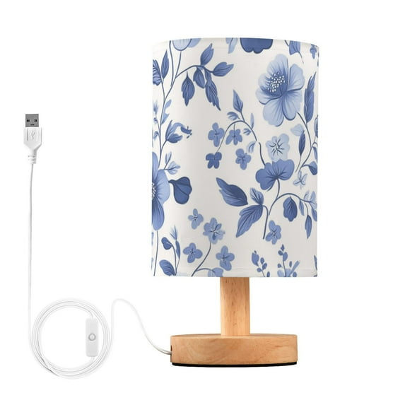 Blue Florals Leaves Pastel Style Table Lamp with USB Port LED Warm Light Lamp Night Light Home Decor