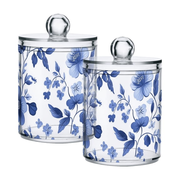 Blue Florals Leaves Pastel Style Translucent Plastic Cans Storage Canisters with Lid Set of 2