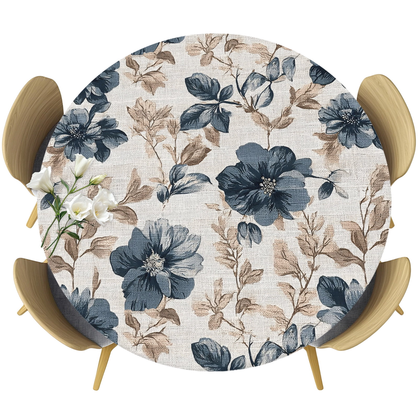 Blue Florals Round Tablecloth 55-60 Inch Round Fitted Table Cloth with ...