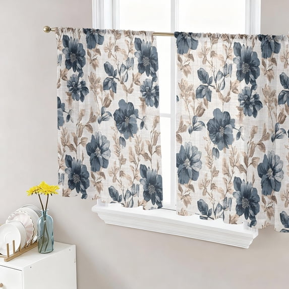 Blue Florals Semi Sheer Curtains 54 Inch Length 2 Panels Set,Farmhouse Botanical Peonies Vintage Brown Leaves Sheer Kitchen Curtain Privacy Voile Window Curtain for Living Room Bedroom Curtains