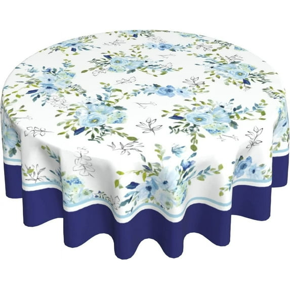 Blue Florals Spring Round Tablecloth 60 Inch Blue Sunmmer Flowers Table Cloth Polyester Fabric Watercolor Floral Table Cover Decor for Picnic Dining Room Home Outdoor Wedding Party