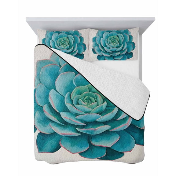 Blue Flower 3 Piece Quilt Set Queen Size, Teal Green Succulents Floral Bloom Botanical Echeveria Soft Bedspread Coverlet Bedding Set Microfiber Comforter Set with 2 Pillowcases for Bedroom