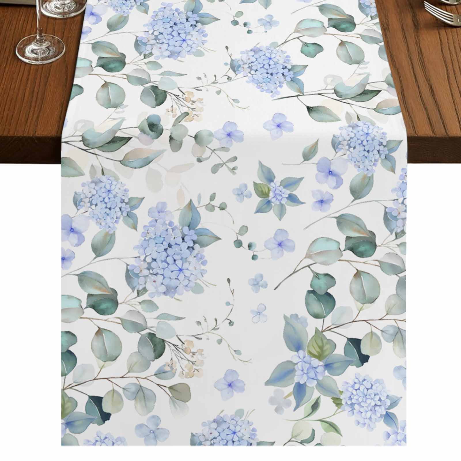 Blue Flower 36 Inch Table Runner, Sage Green Eucalyptus Leaf Farmhouse ...