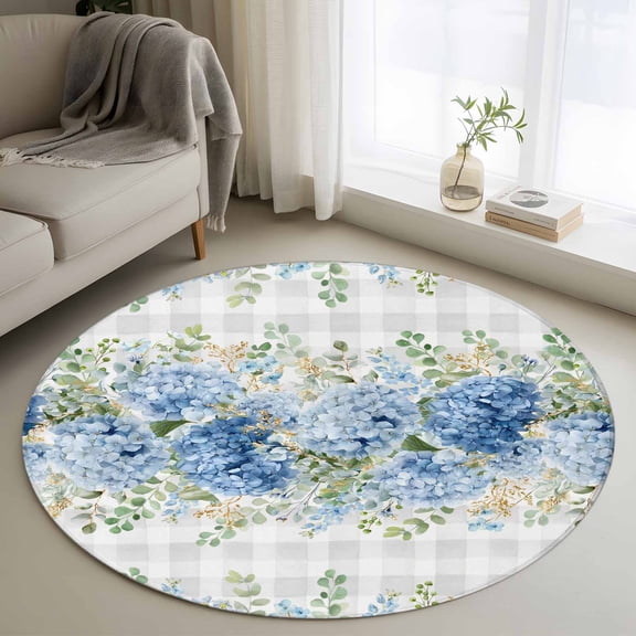 Blue Flower 3FT Round Area Rugs Summer Country Hydrangea Floral Grey Plaid Soft Small Round Rug Non-Slip, Ultra-Thin Indoor Circle Carpet for Bedroom Entryway Kitchen Bathroom