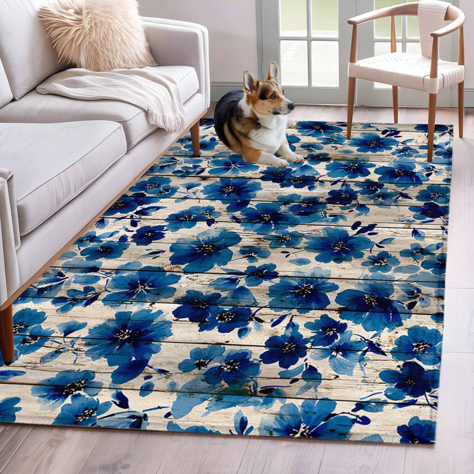 Low Profile Blue Rug Blue Flower 3x5 Area Rugs for Living Room, Watercolor Floral Vintage ...
