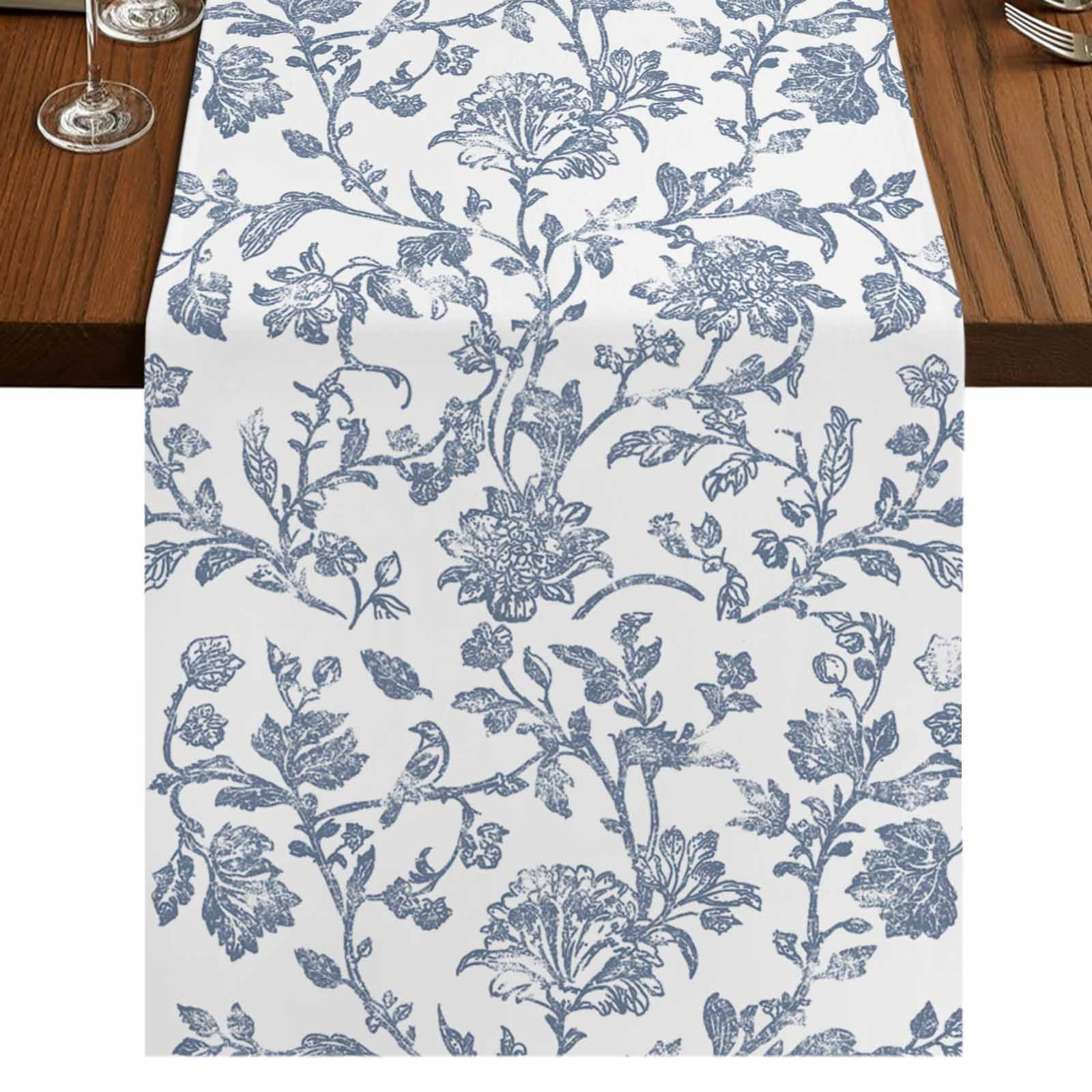 Blue Flower 48 Inch Table Runner, Vintage Farmhouse Boho Leaf Spring Summer Farmhouse Dresser Scarf Cotton & Linen Tablerunner for Dining/Kitchen Island/Holiday Party Décor 13" x 48"