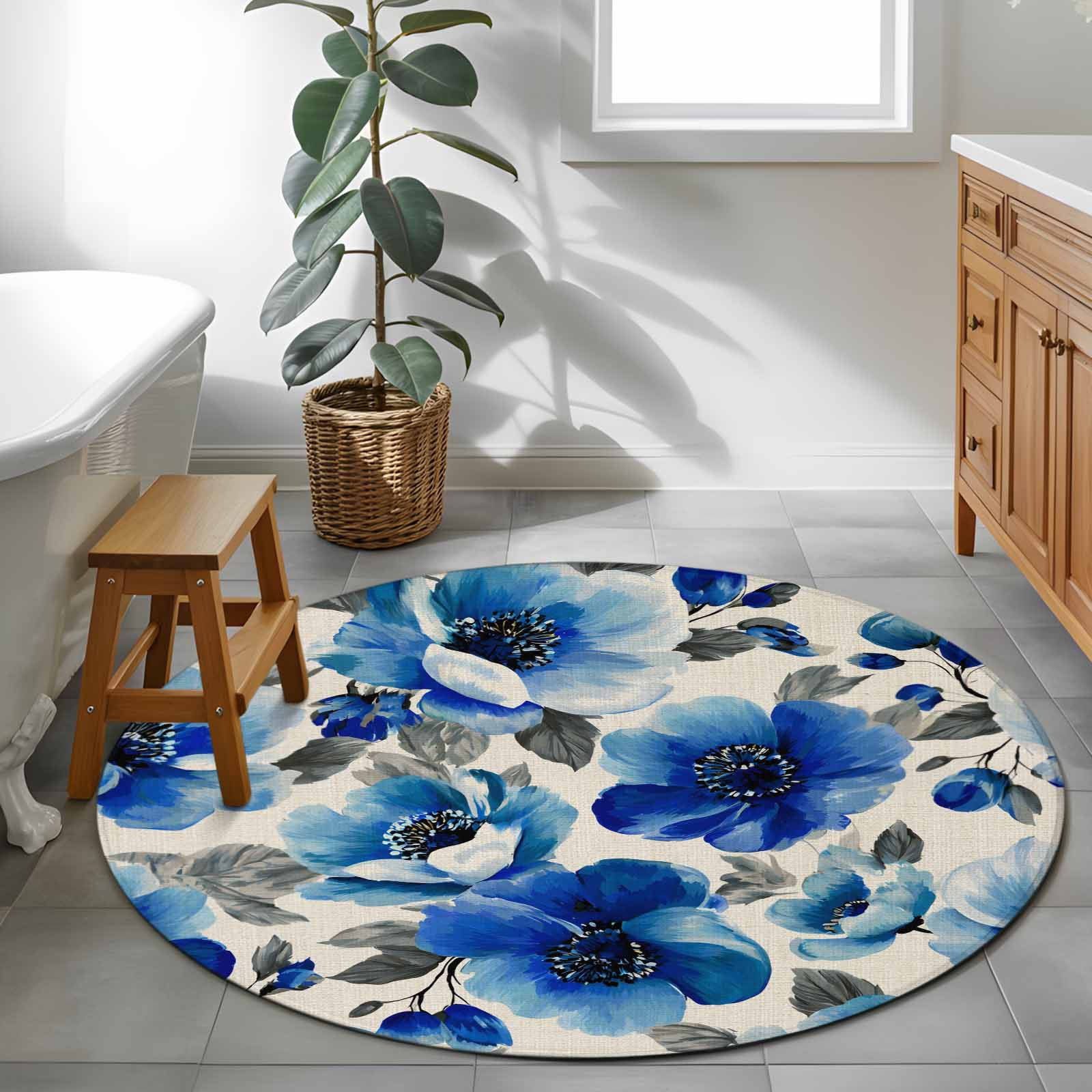 Blue Flower 4ft Round Rug for Cozy Reading Nook Home Office Chair Area ...
