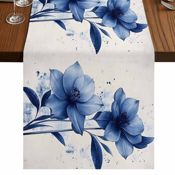 Blue Flower 72 Inch Table Runner, Spring Summer Botanical Blossom Motif ...