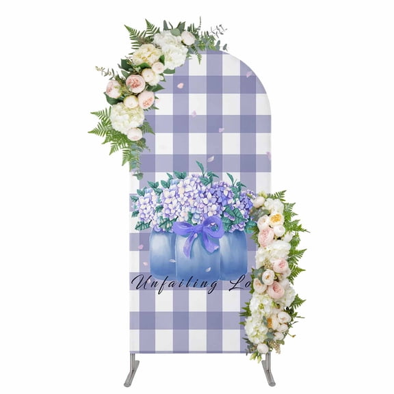 Blue Flower Arch Backdrop Cover, Spandex Fitted Wedding Arch Cover, Green Leaves Rustic Plaid Purple Round Top Stand Covers for Birthday Ceremony Bridal Shower Party Decor 4x1.65 Ft