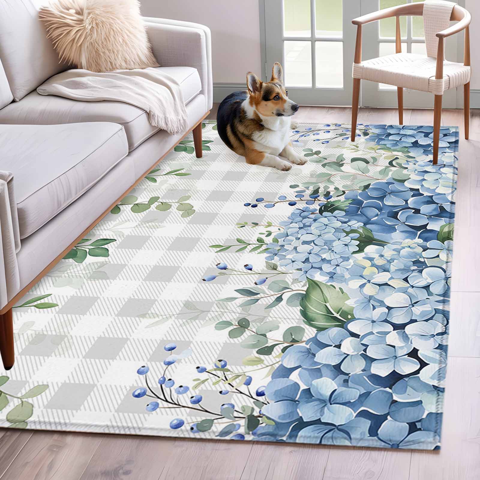 Tufted Rug Blue Hydrangea Blue Flower Area Rug 3x5 FT, Non Slip Entryway Bedside Carpet, Grey ...