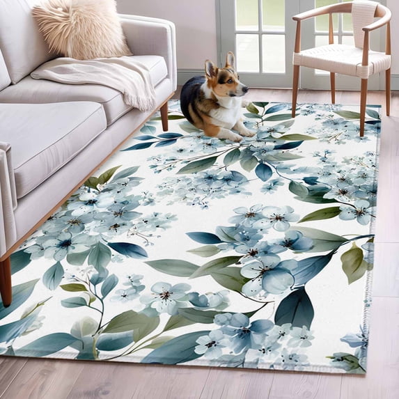 Blue Flower Area Rugs 3x5 ft Watercolor Spring Blue Floral Green Leaf Botanical Washable Rug Non Slip Indoor Carpet Absorbent Floor Mat for Living Room Bedroom Dining Room