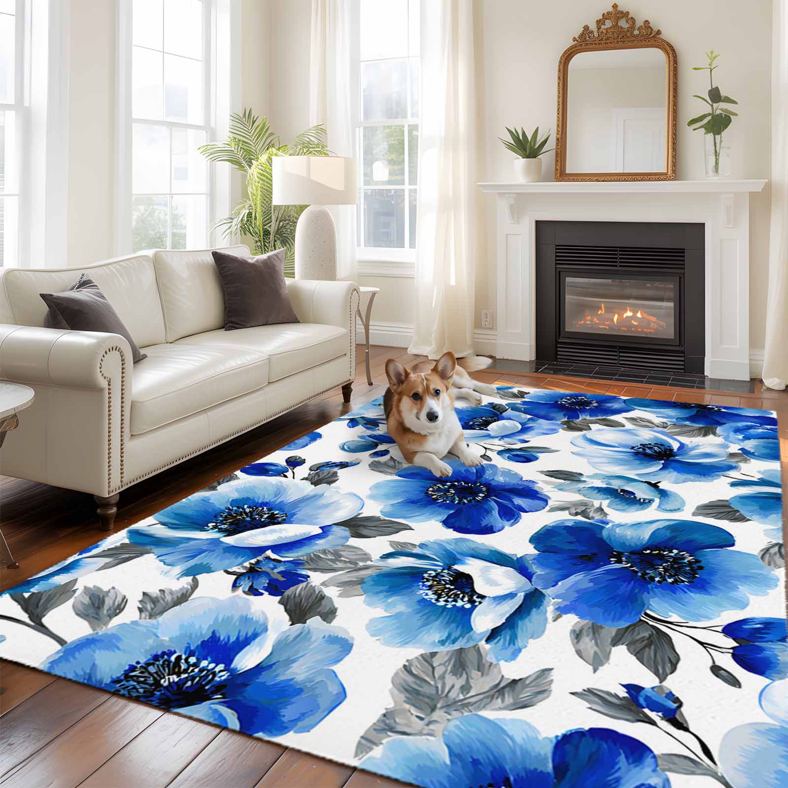 Flowy Blue Rug Blue Flower Area Rugs 5x7 ft Watercolor Gradient Blue White Floral Grey ...