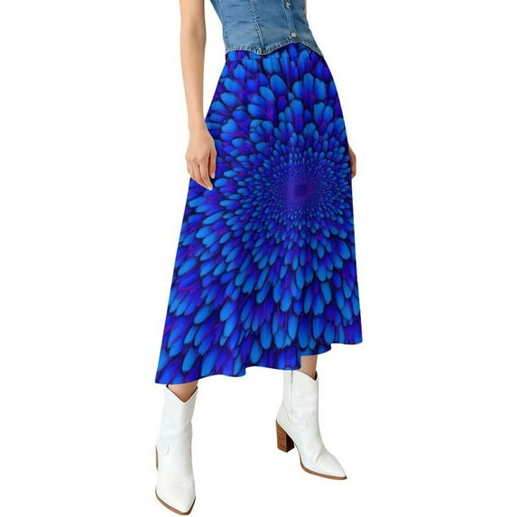 Blue Flower Art Details Women High Waist Midi Skirt Elegant Midi Skirt High Waist A-line for Women