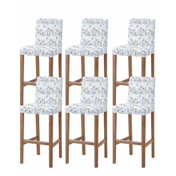 Blue Flower Bar Stool Covers Set of 6, Sage Green Eucalyptus Leaf Farmhouse Country Stretch Washable Bar Chair Covers with Backs, Removable Pub Counter Height Chair Cover for Kitchen Dining Room Cafe