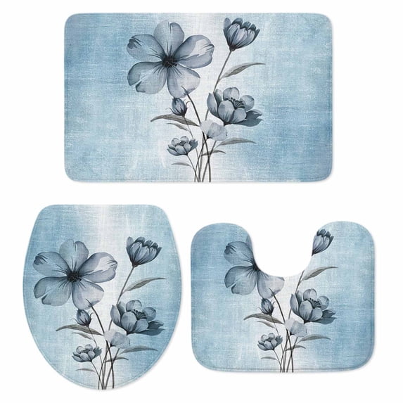 Blue Flower Bath Mat 3 Piece Bathroom Rug Set, Retro Gradient Texture Painting Plant Leaf Non Slip Bath Rug Contour Mat and Toilet Lid Cover, Absorbent Shower Mats Soft Bath Rugs and Mats Sets