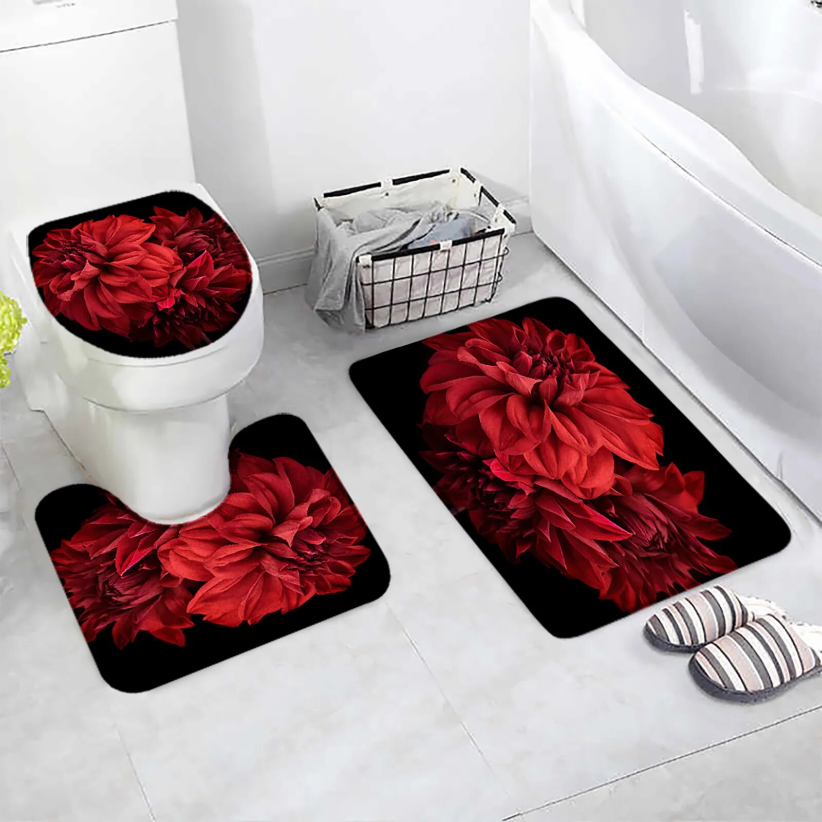 Blue Flower Bath Mats Sets Dahlia Floral Black Home Floor Mat Modern